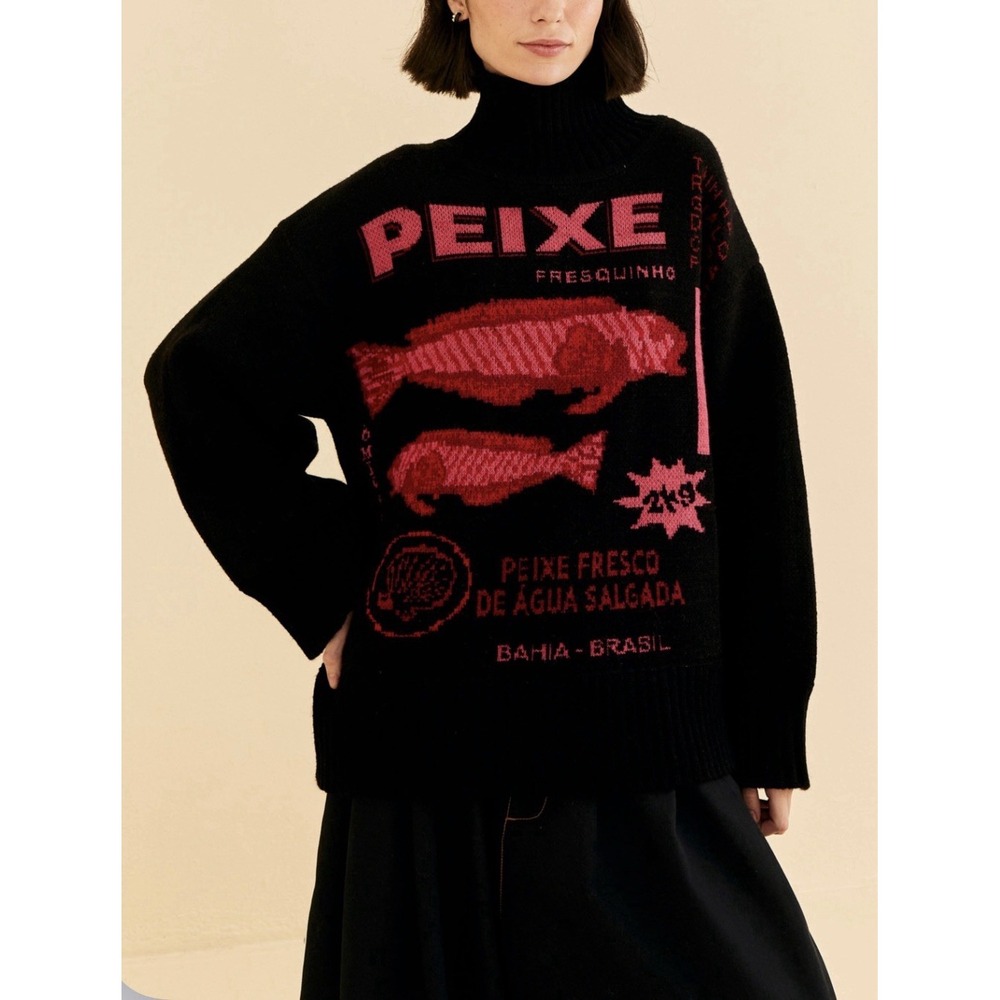 FARM Rio Black Peixe Fish Knit Sweater L Pink Graphic Brazilian Market Chunky